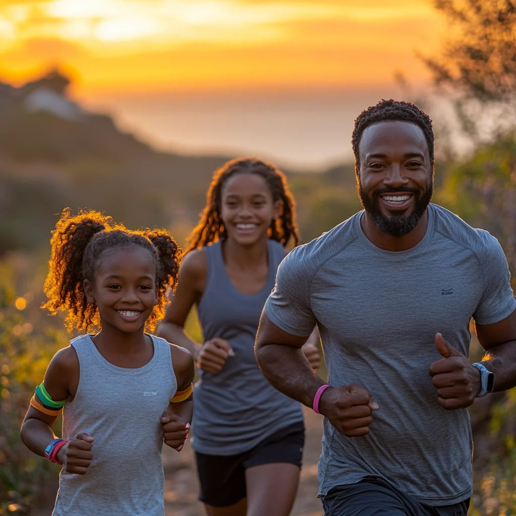 Family running together at sunset